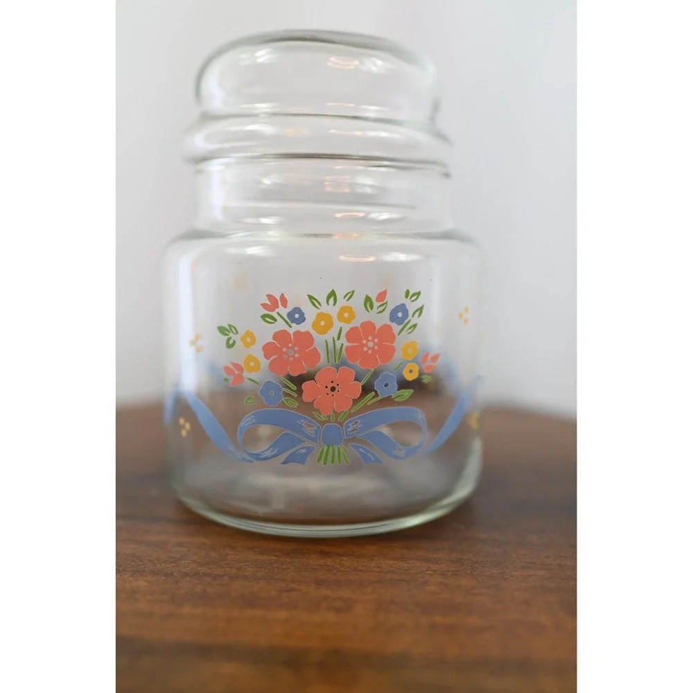 Vintage Floral Glass Bubble Jar Apothecary Canister Blue Ribbon Clear Storage